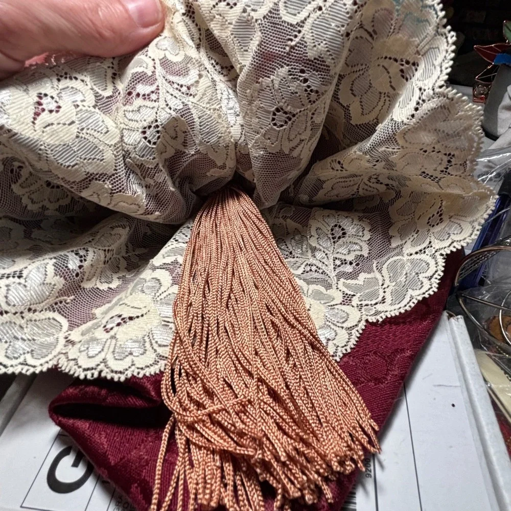 Burgundy Damask Lace Feather Victorian Tassel Doll 11in